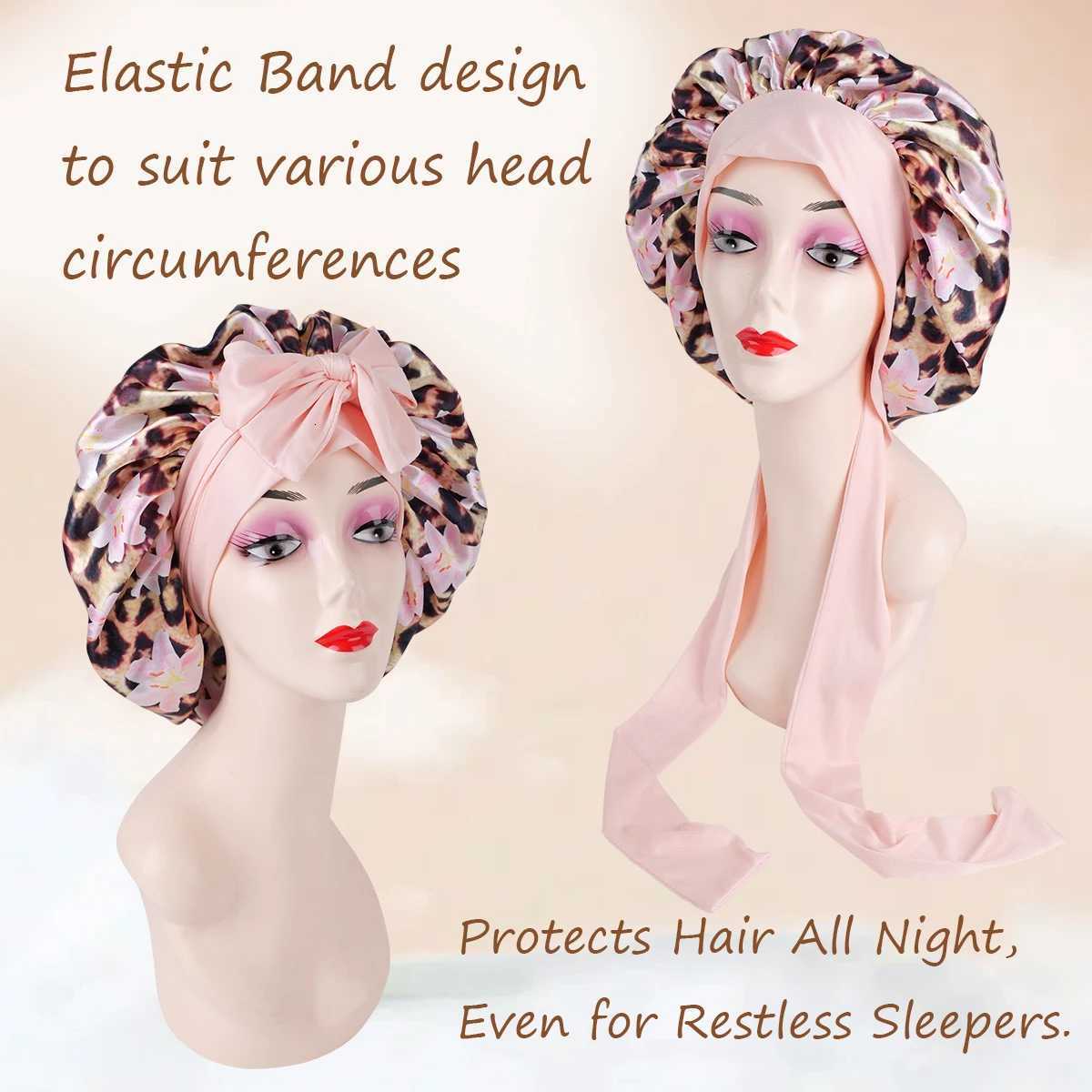 1PC Leopard Print Silky Satin Sleep Bonnet with Adjustable Tie Band for Natural Curly Hair Night Shower Hair Cover Z250808