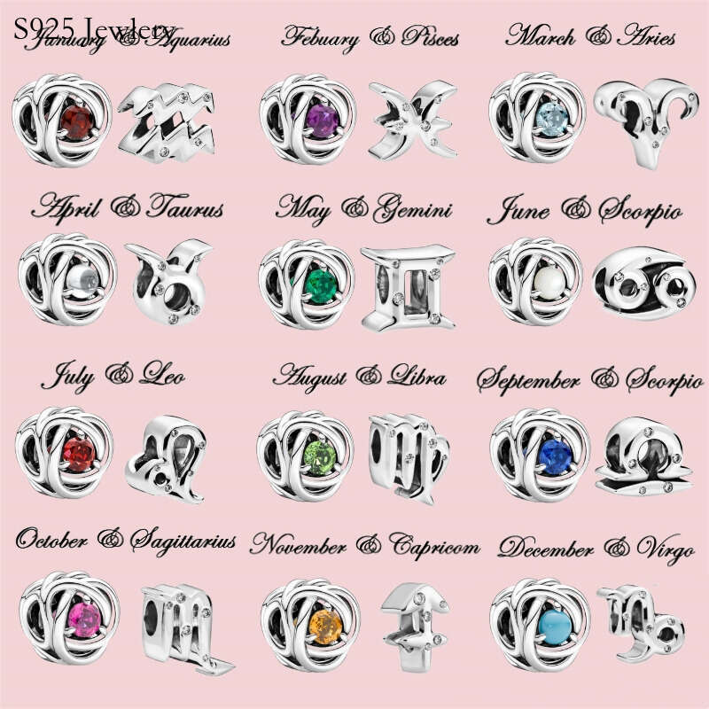 925 Sterling Silver Charming Zodiac Lucky Stone Pearl Is Suitable For Primitive Ladies Bracelets DIY Charm Jewelry Fashion Accessories