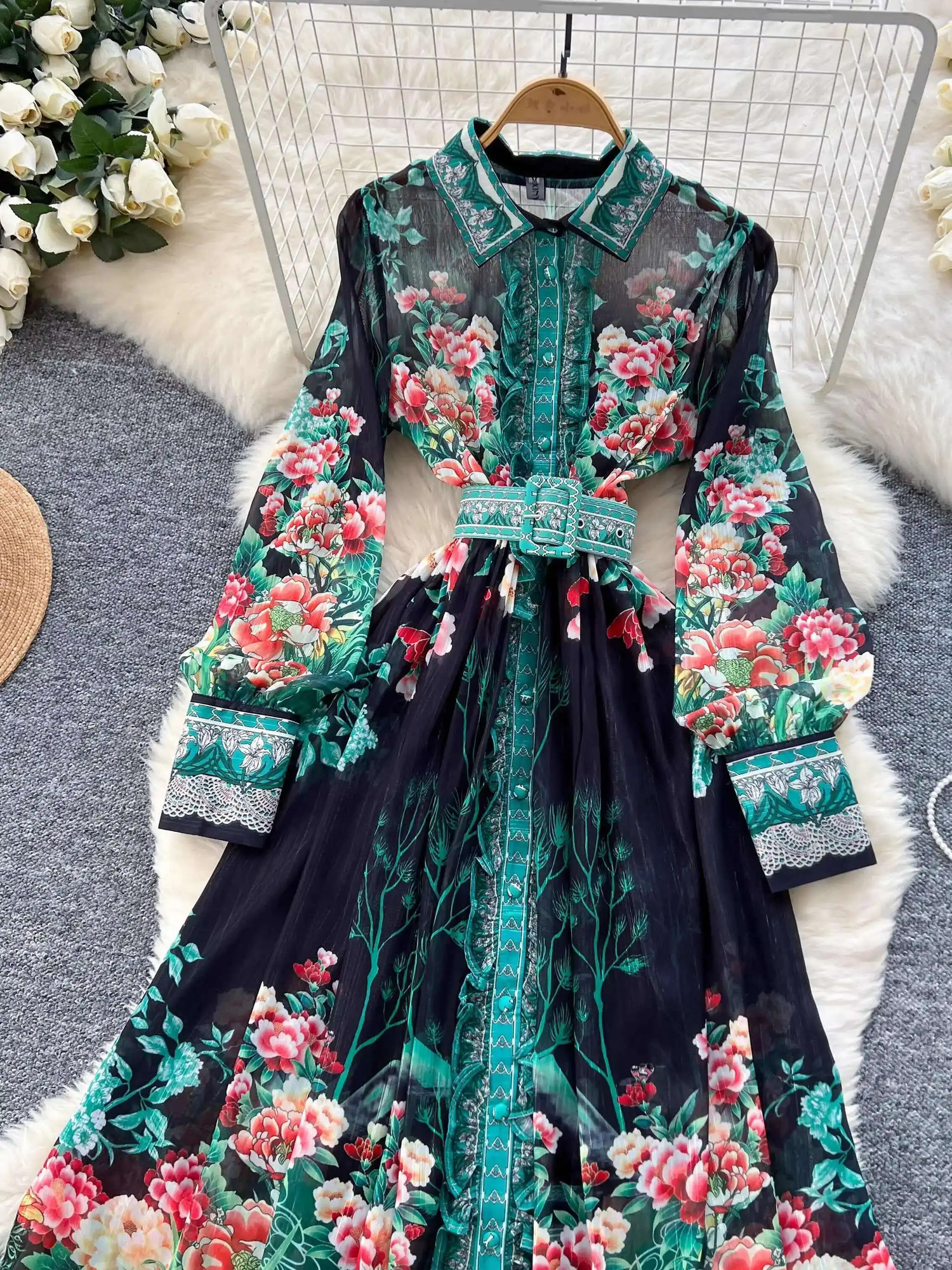 Elegant Style Single Breasted Long Sleeve Floral Maxi Dresses Shirt Women Casual Print Chiffon Dress 250728