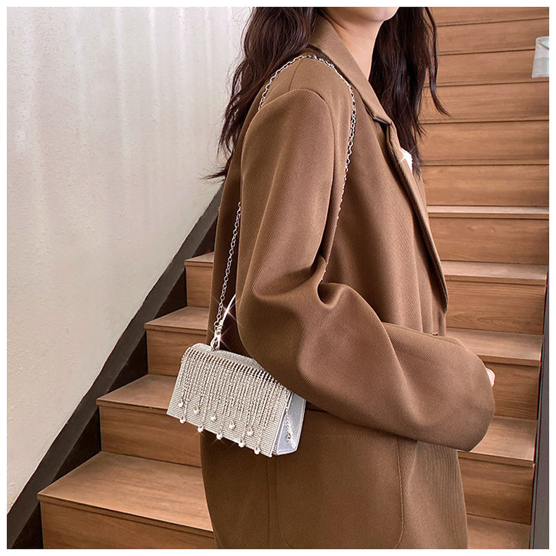 Luxury Brand Designer Bag 2025 Fashion Tassel Rhinestone Handbag For Women, Niche Design With Hot Stamped Rhinestones, Evening Bag With Metal Handle, 