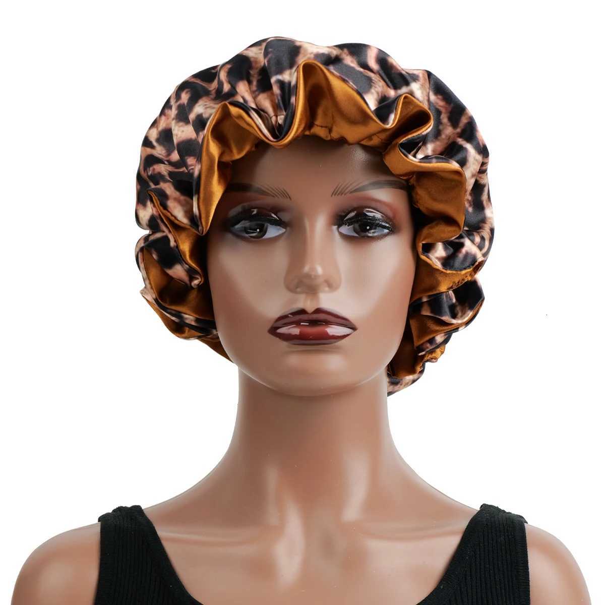 1PC Leopard Print Satin Silk Bonnet Double Layer Sleep Cap Comfortable Casual Hair Care Hat for Daily Use Z250808