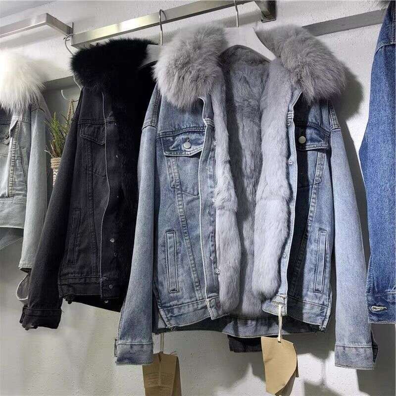 Women's Clothing Large Fur Collar Denim Jacket For Women Short Winter Korean New Versatile Loose Plus Veet Thickened Cotton Coat