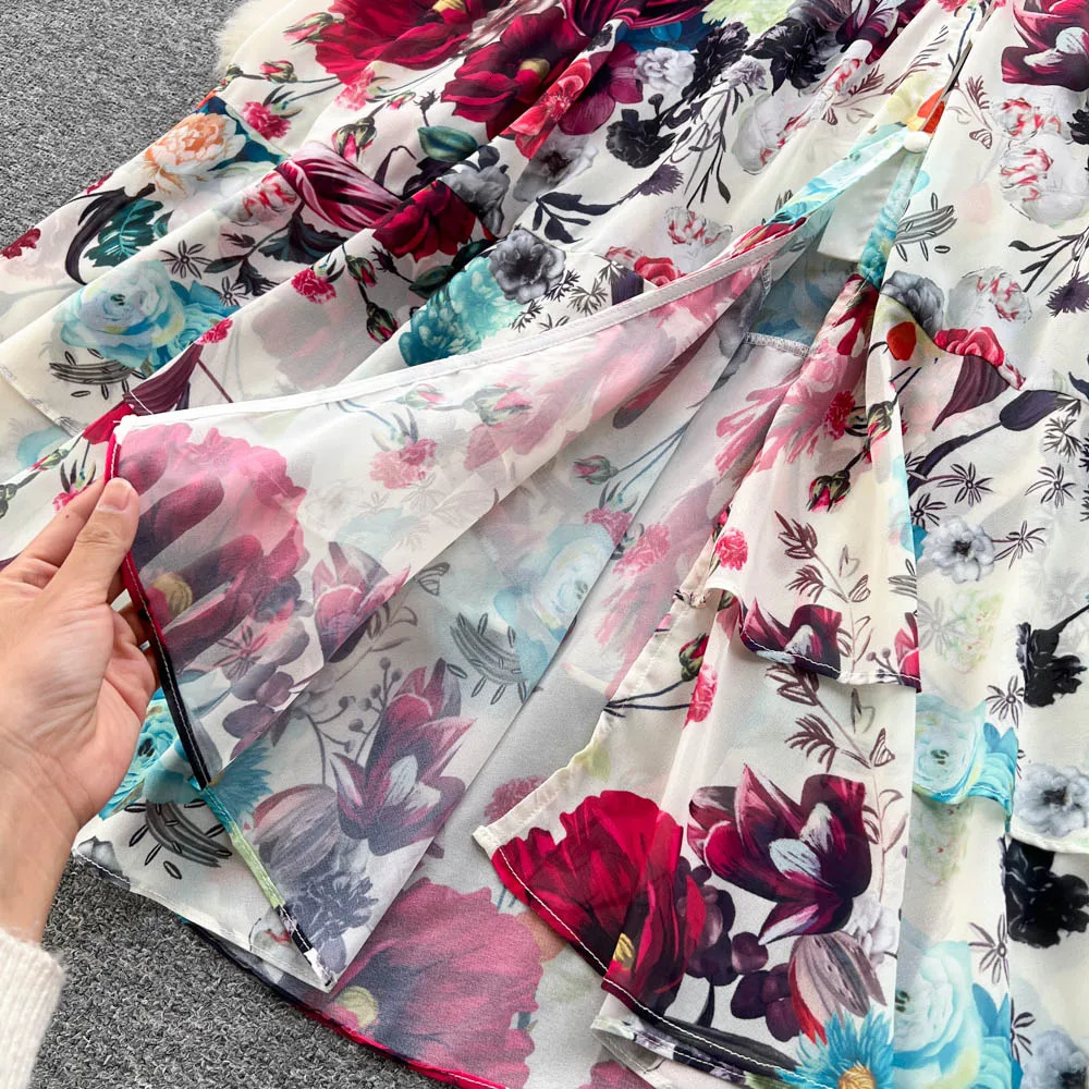 Women Deep V-Neck Bohemian Style Dress Spring Summer Runway Long Sleeve Casual Floral Print Ruffles Sweet Cascading Vestidos 250728