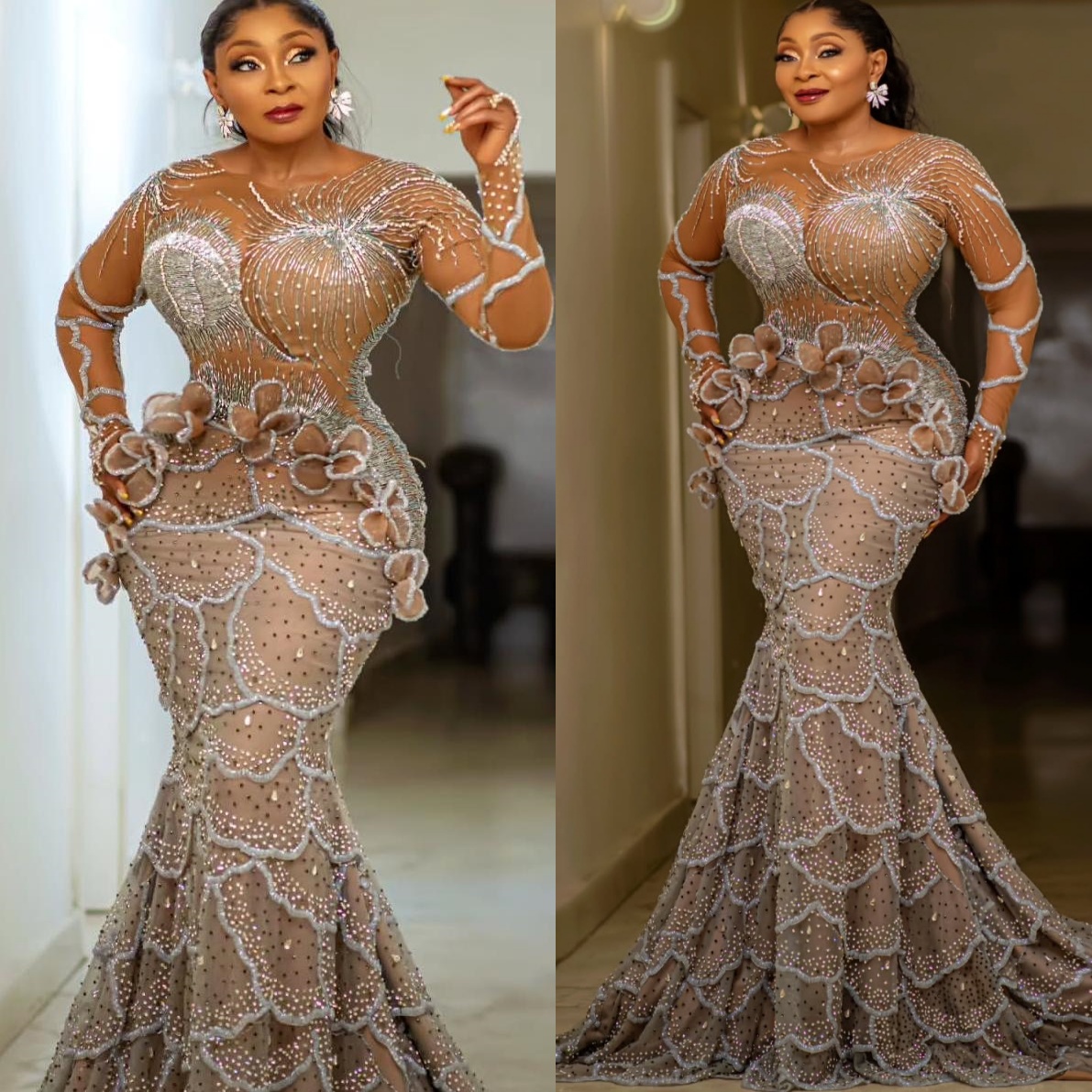 Mermaid Brown Prom Dresses 2025 Crystals Beaded Flowers Illusion Evening Formal Party Second Birthday Engagement Gowns Plus Size Dress For Special Occ