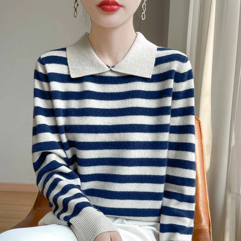 Autumn Winter Woman 100% Merino Wool Sweater POLO Collar Pullover Colorful Stripes Knitwear Bottoming Clothing Long Sleeve Tops dongdumaoyi