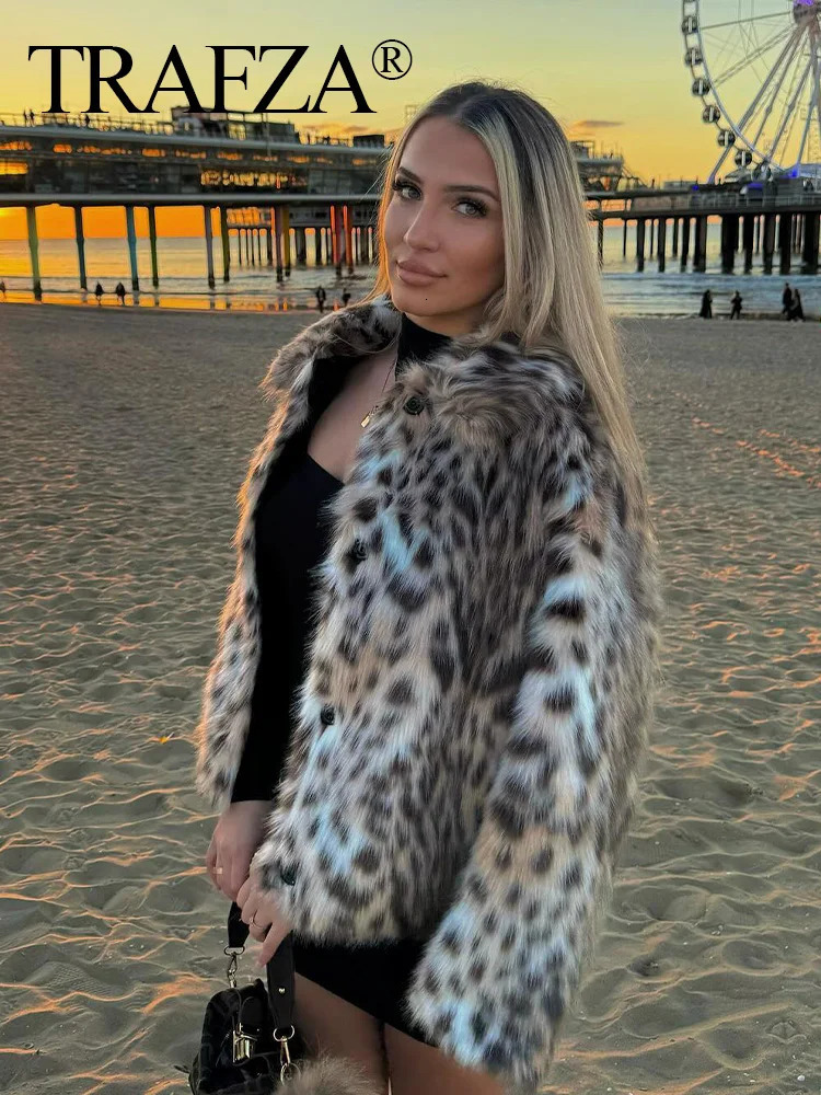 TRAFZA Winter Woman Leopard Print Lapel Faux Fur Loose Coat Pockets Fashion Long Sleeves Fuzzy Jacket Female Warm Outerwear 250806