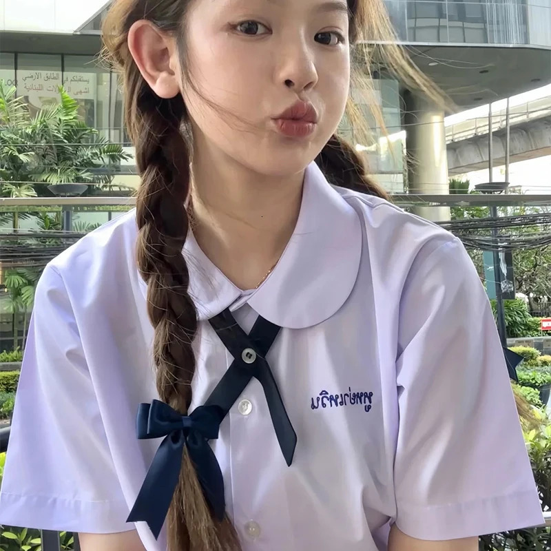 MenWomen JK Uniform Thai Style School Uniforms Short Sleeve White ShirtLight Purple Shirt Preppy Pleated Skirt wbow Tie 250729