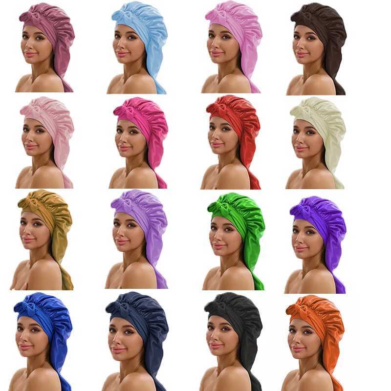 Women Long Tail Satin Hair Bonnet Color Elastic Band Hair Care Hat Bonnet for Hair Treatment Satin Bonnet Z250808