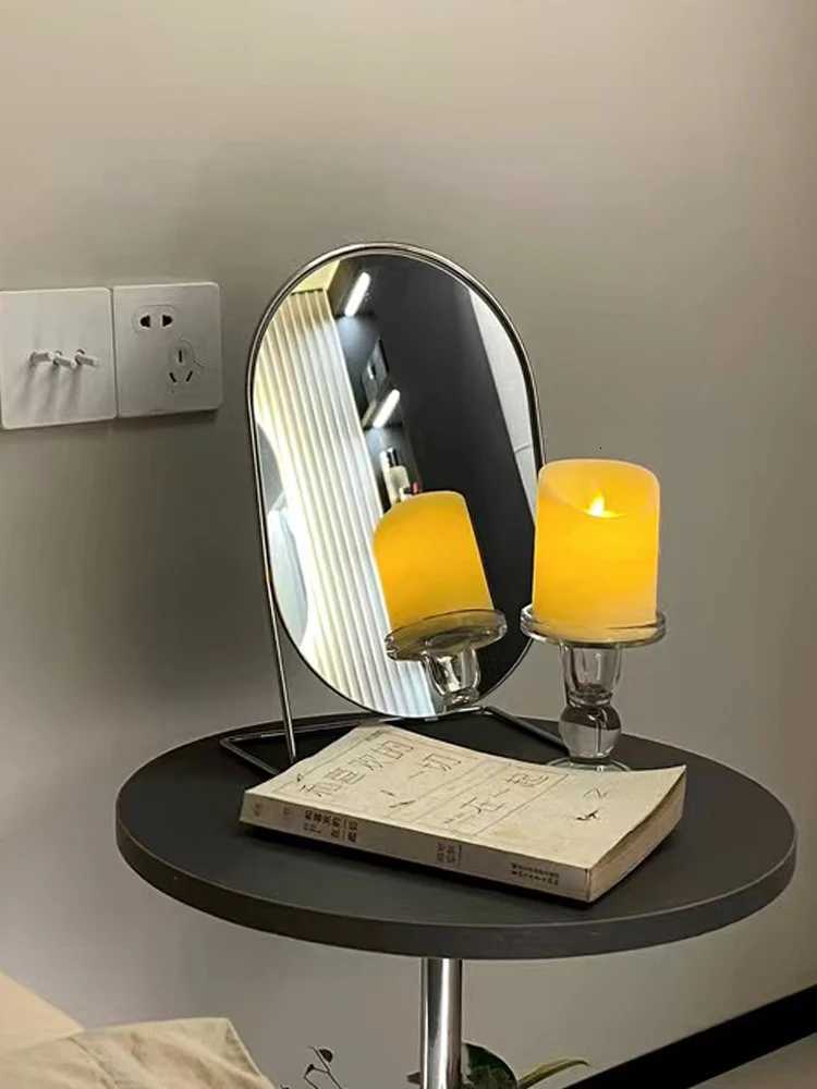 Rotating Oval Makeup Mirror Metal Standing Mirror Bathroom Desk Standing Korean Hairdressing Mirror Wall Mirror Home Bedroom Decor Z250807
