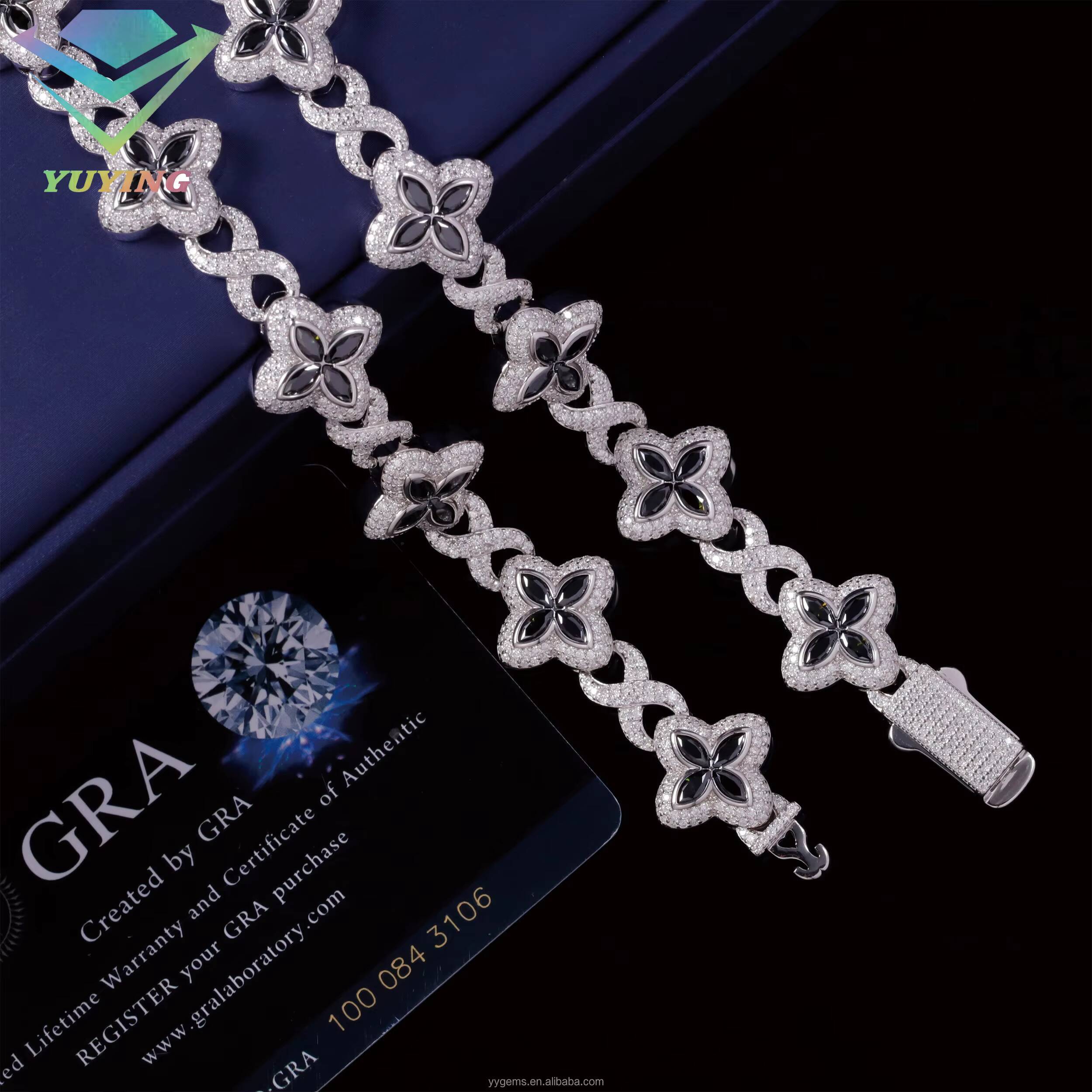 Yu Ying Black Diamond Marquise Moissanite 18K Gold Plated 925 Sterling Silver Four Leaf Clover Infinity Cuban Link Chain Jewelry