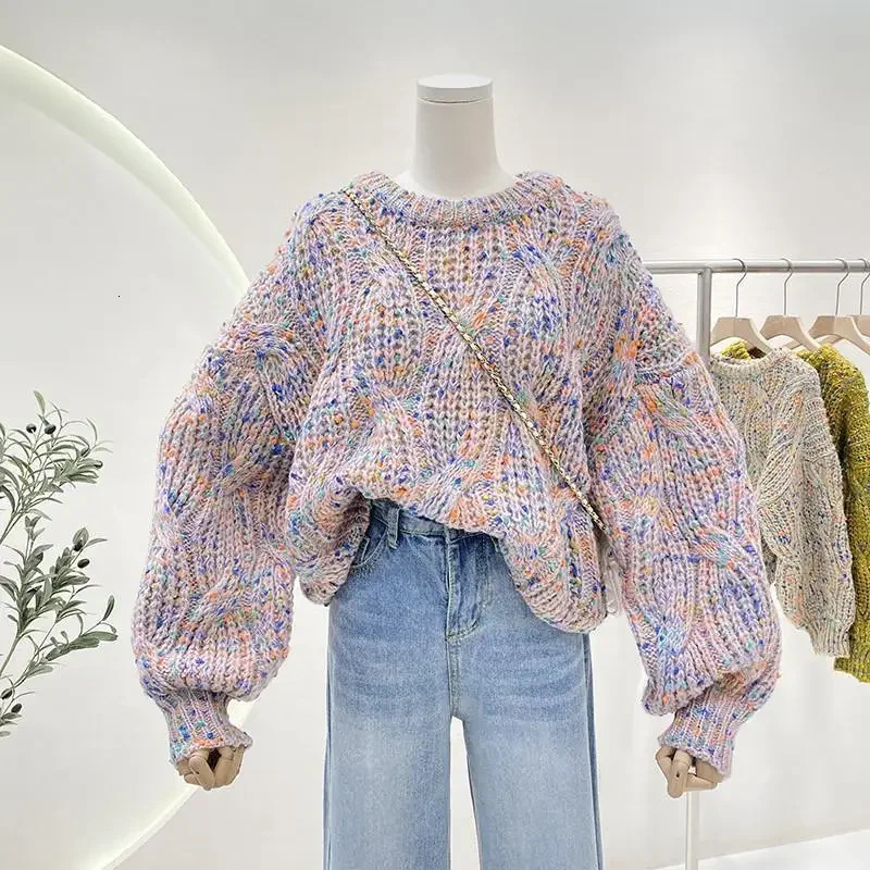 Dongdaemun Korea Autumn/Winter Arrival Knit Colorful Loose Fit Lantern Sleeve Cropped Sweater For Women Crew Neck Style 250804