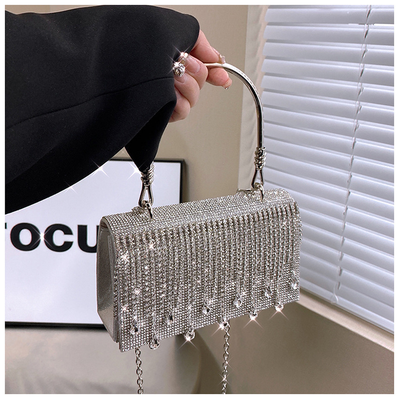 Luxury Brand Designer Bag 2025 Fashion Tassel Rhinestone Handbag For Women, Niche Design With Hot Stamped Rhinestones, Evening Bag With Metal Handle, 