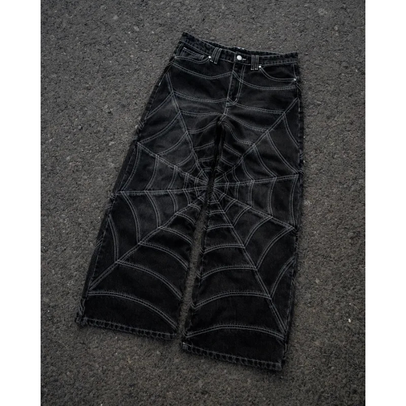 Gothic geometric spider pattern rosted long sleeves high quality baggy wide leg jeans for men niche Y2K versatile street trouser 250805