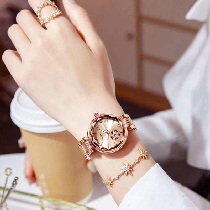 TINAIBIN High End Lady Woman Watches Waterproof Skeleton Automatic Mechanical Fashion Rose Gold 250807