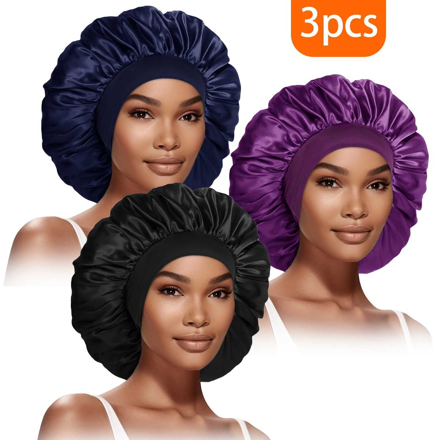 3pcs Womens Fashion Bonnet Large Wide Edge Elastic Hat Casual Sports Silk Smooth Suitable for Curly Straight Hair Sleeping Hat Z250808