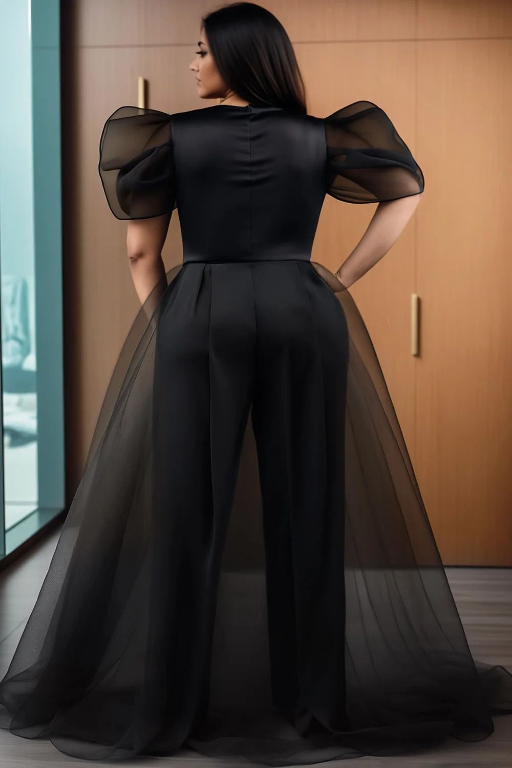 Plus Size Formal Black Round Neck Puff Sleeve Short Detachable Overskirt Pocket Tulle Jumpsuits 250807