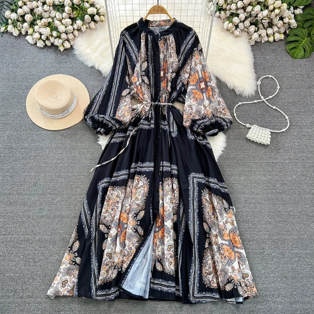 Retro Elegant Sashes O Neck Single Breasted Print Dresses Long Lantern Sleeves A-line Casual High Waist Women Autumn Clothing 250728