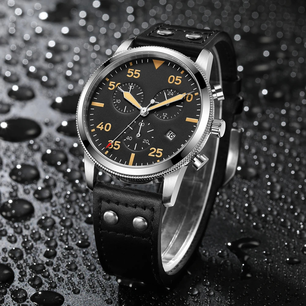 Chronograph Watches 42mm Pilot Japanese JS05 Men Quartz Wristwatch Stopwatch 24 Hours Function 250807