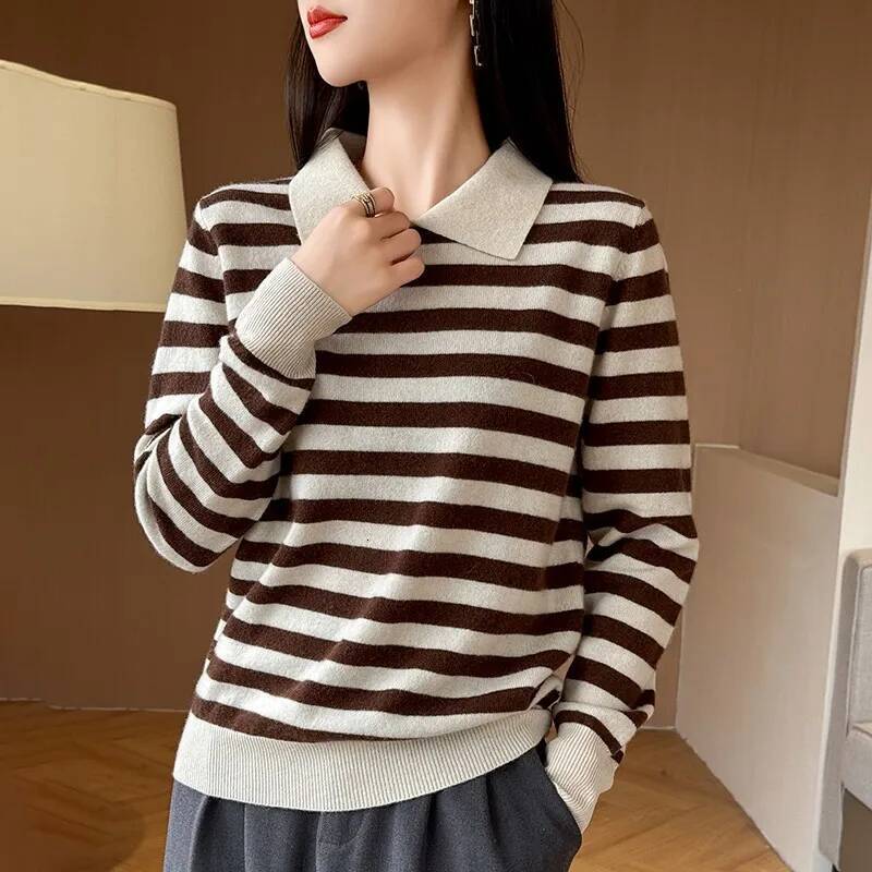 Autumn Winter Woman 100% Merino Wool Sweater POLO Collar Pullover Colorful Stripes Knitwear Bottoming Clothing Long Sleeve Tops dongdumaoyi