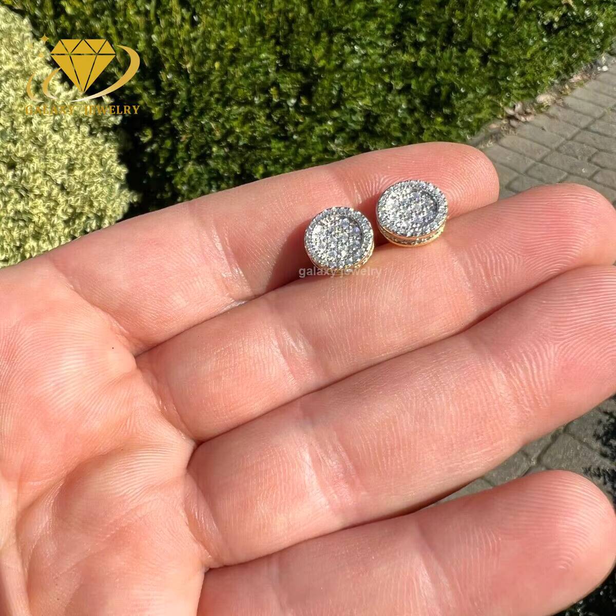 100% Pass Diamond Tester Real Iced Out Moissanite 925 Silver Gold Plated Unisex Hip Hop Round Earrings Studs