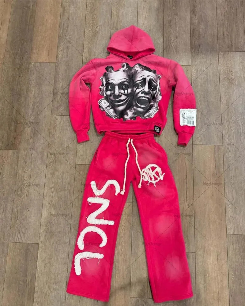 Streetwear Mens Sets Hip-hop Harajuku Retro Trendy Oversized Sweatshirt Y2K Gothic Punk Casual Rock Loose Wide-leg Pants 250805