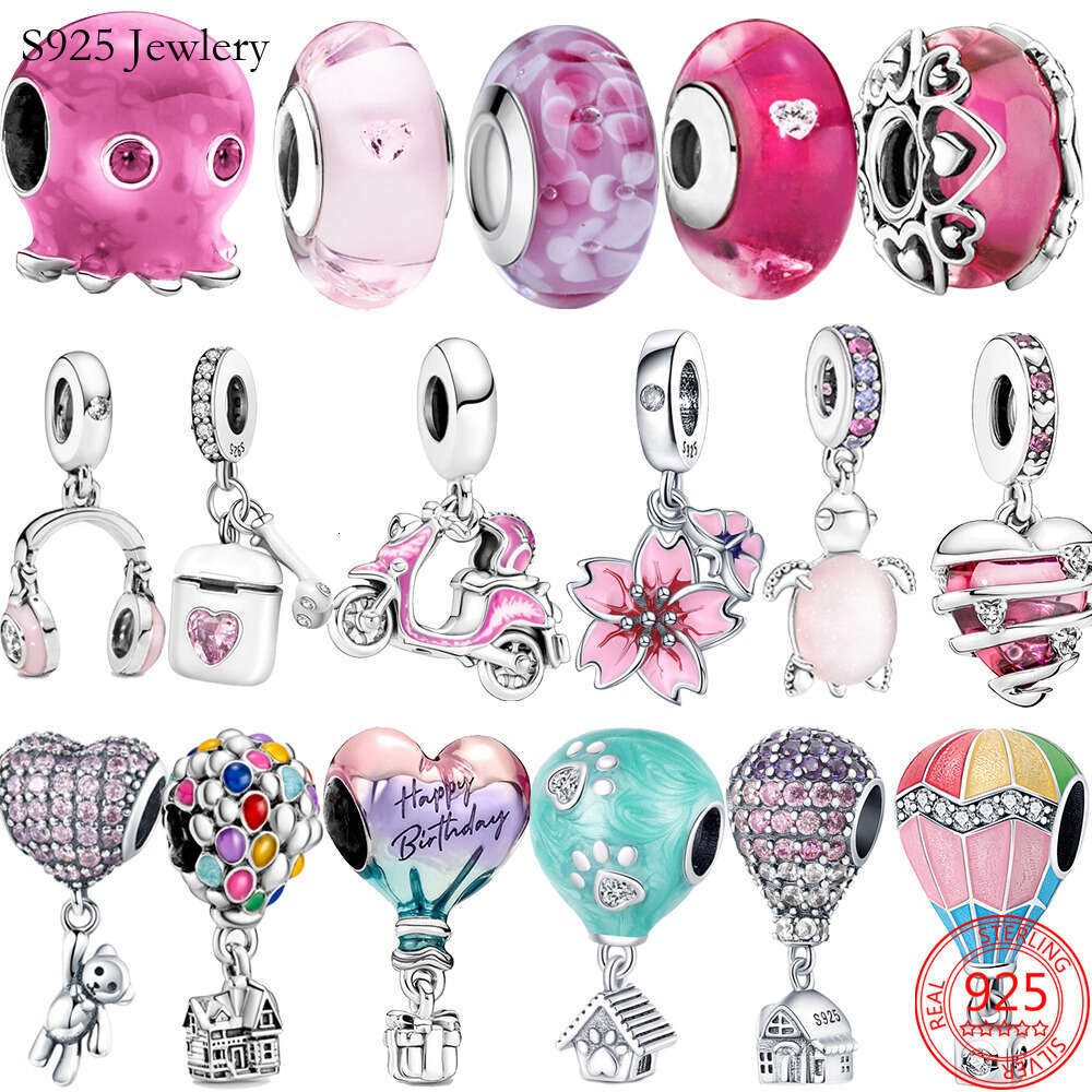New Popular 925 Sterling Silver Charm Pink Heart Cute Headphone Charm For Bracelets And Necklaces Gifts DIY Jewelry For Girls