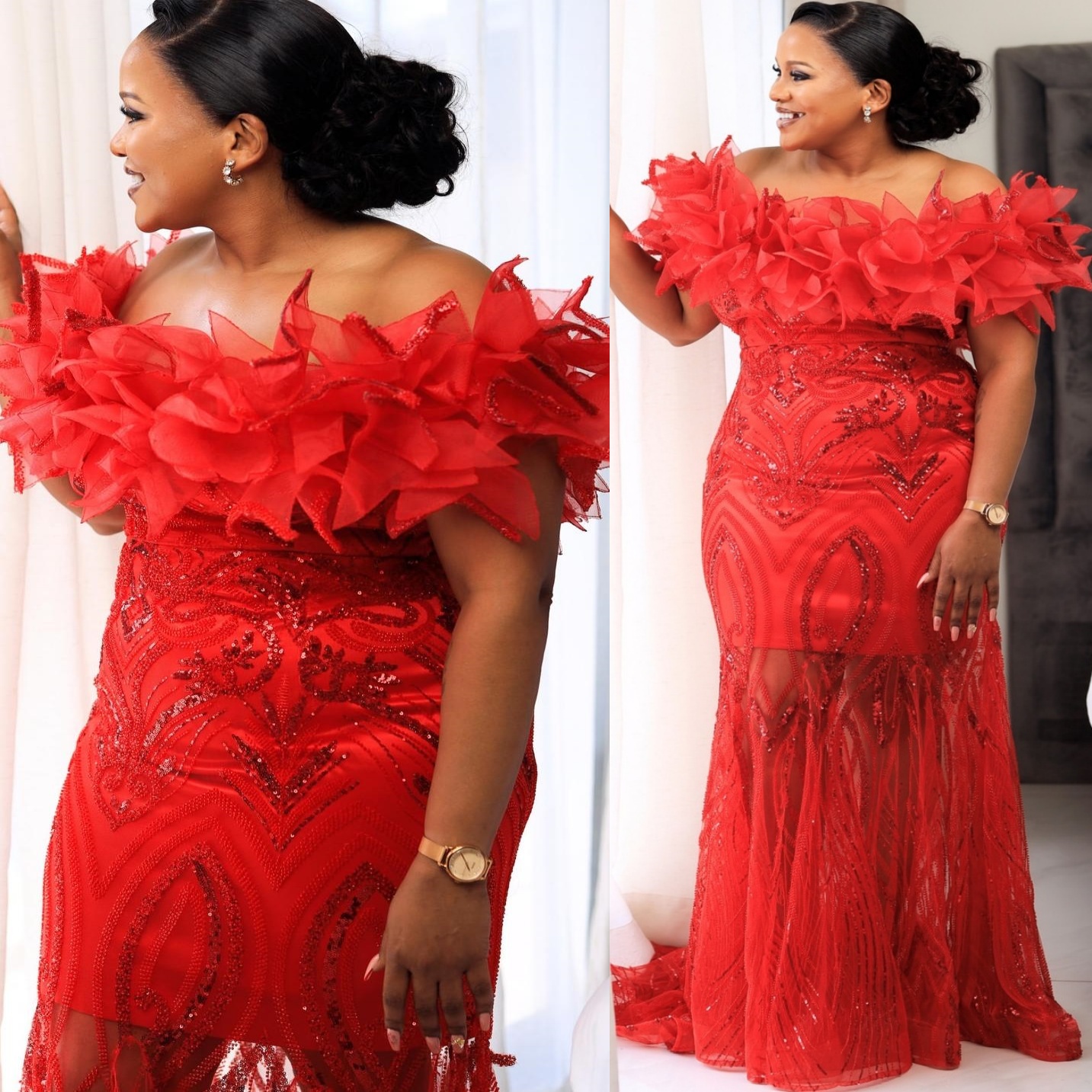 Mermaid Red Prom Dresses 2025 Florals Sequined Off Shoulder Evening Formal Party Second Birthday Engagement Gowns Plus Size Dress For Special Occasion