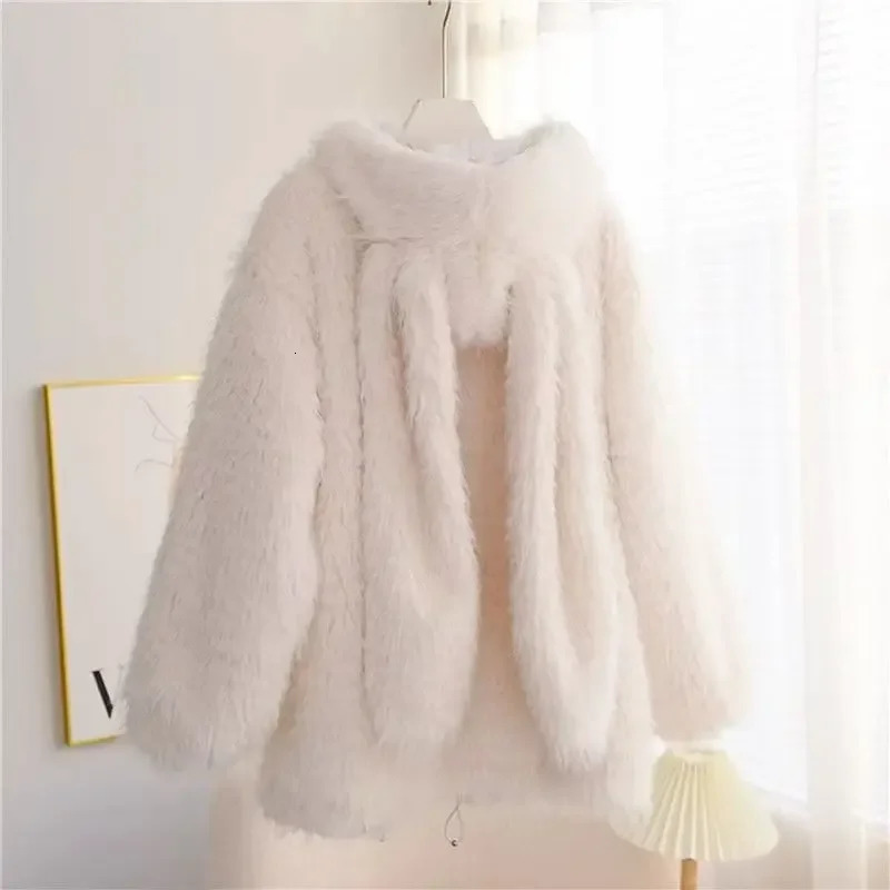 Womens Faux Lamb Fur Coat Rabbit Ear Loose Thickened Autumn Winter Style Adorable Jacket Short Outerwear Coat 250806