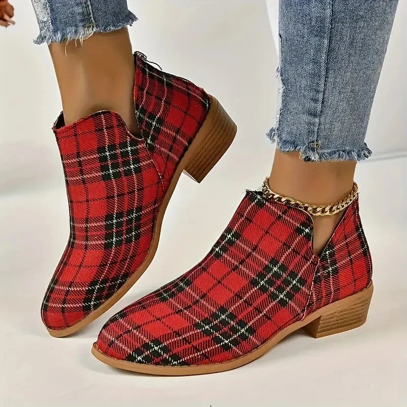 Ankle Boots Womens Christmas Plaid Print Zipper Retro Red Chelsea Outdoor Platform Shoes Classic Side Booties 250801