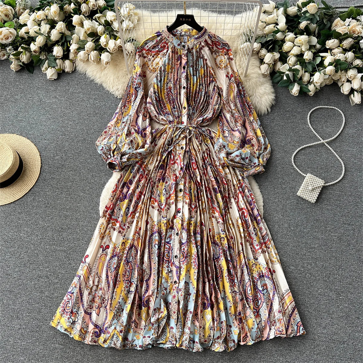 Retro Print Elegant Pleated Lantern Long Sleeve O Neck Single Breasted Dress A-line Casual High Waist Women Summer Dresses 250728
