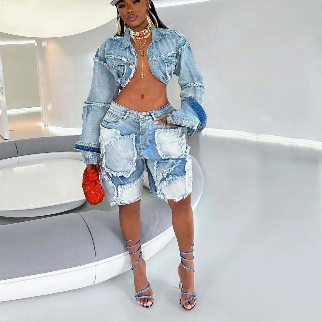 Shorts Pant Set Women Two Piece Sets Denim Turn Down Collar Matching Sets Tops Knee Length Pants High Waist Y2k Streetwear 250728