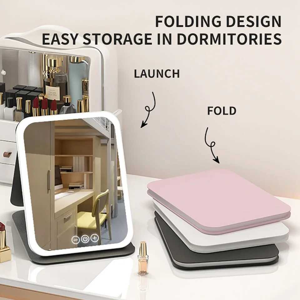 3 Colors Dimmable LED Makeup Mirror with Light Modes Adjustable Brightness USB Charging Foldable Mirror Tabletop Vanity Mirror for Travel and Home Z25