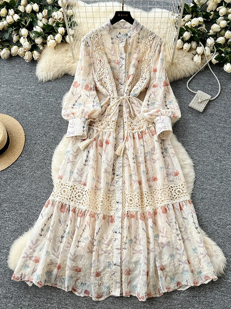 Spring Autumn Style Lace Splicing Dress for Women French Retro Long Sleeve Printed Embroidered Long Dress D02 250728