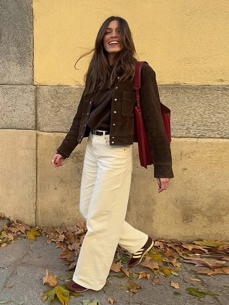 Classic Suede Jacket Women Vintage Brown Single Breasted Lapel Pockets Short Jackets Female Spring Chic Street Lady Outwear 250805