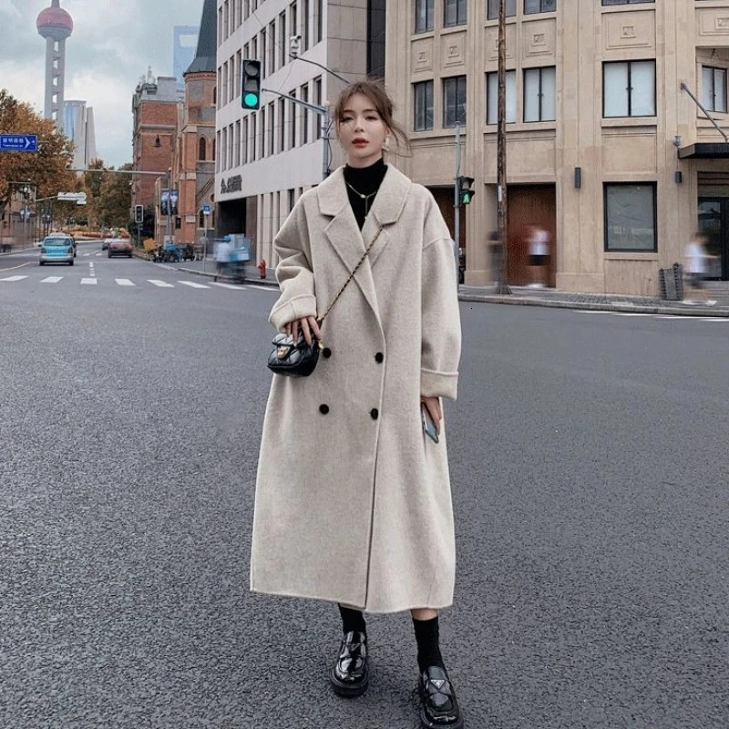 High Collar Belted Womens Long Coat Pure Wool Woolen Coat Autumn Winter Style Turn-Down Collar Versatile Jacket 250805