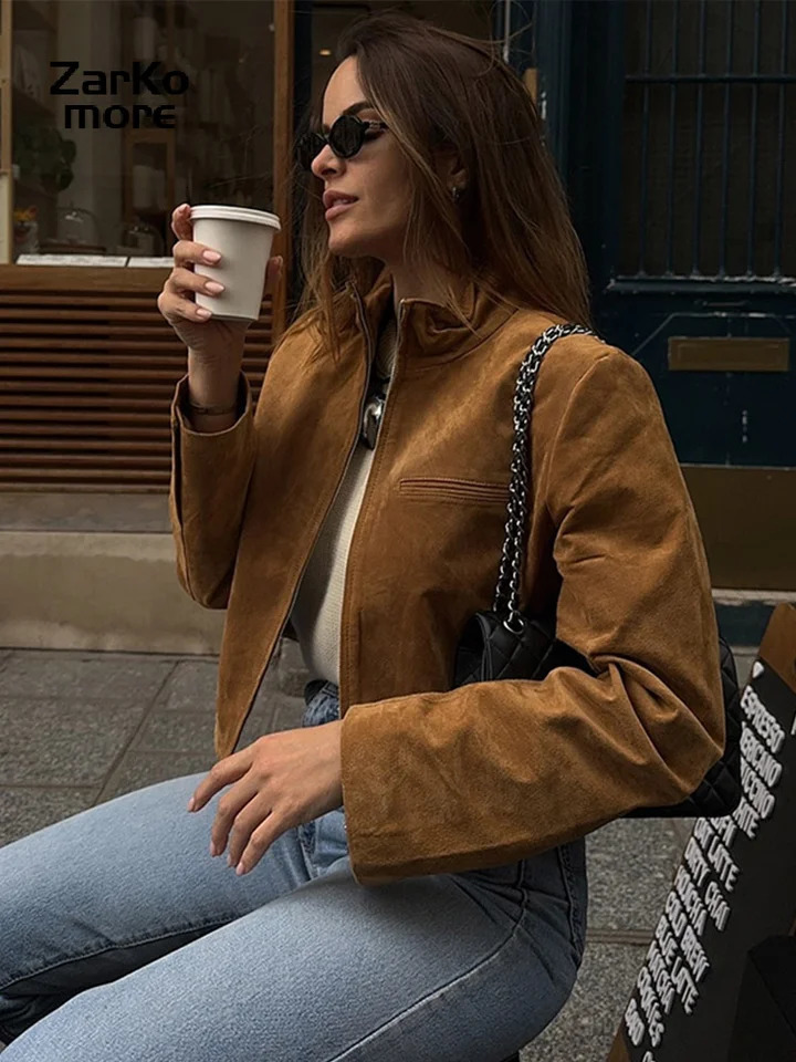 Fashion Womens Short Suede Jacket Loose Green Lapel Zipper Long Sleeve Bomber Coat Spring Lady High Street Outwears 250805