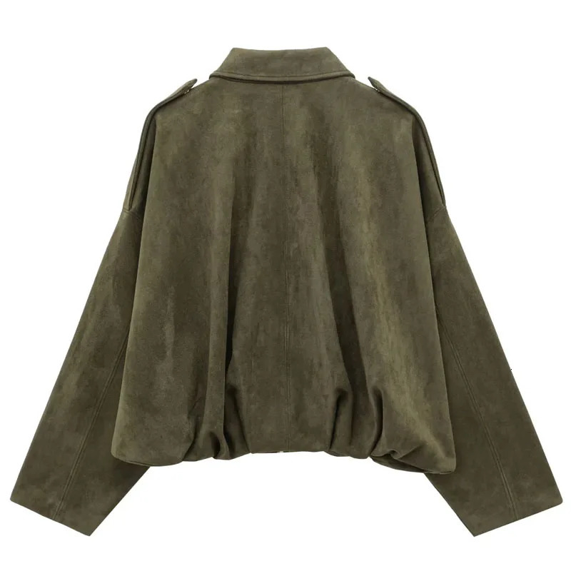 TRAF Spring Women Jacket Suede Zipper Bomber Outerwears Loose Fashion Vintage Black Green Coat Casual Streetwear 250805