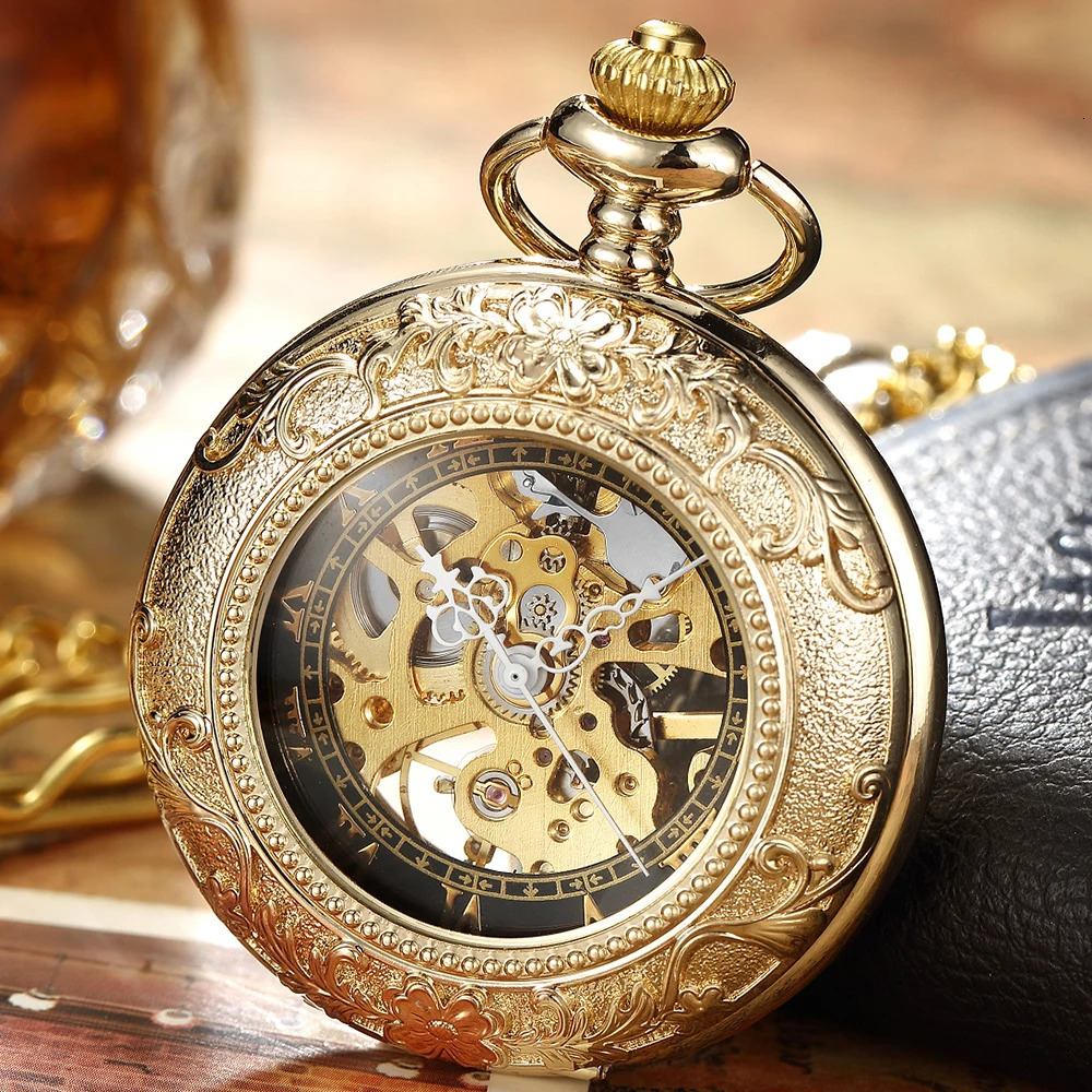 Pocket Watch with Chain for Man Mechanical Skeleton Roman Numeral Quality Engraved Clock Pocket Watches for Women Lady 250807
