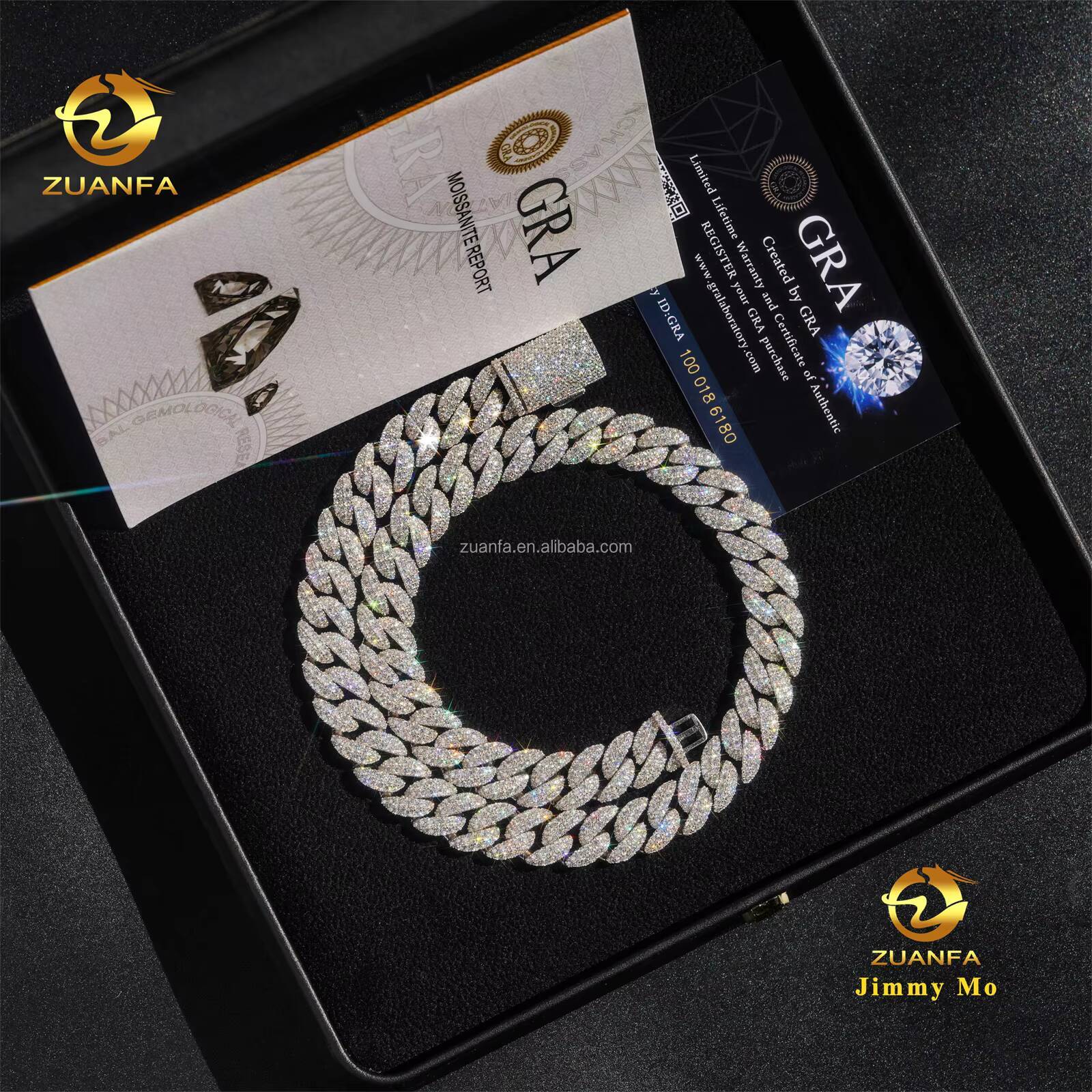 Hot Selling Bulk Stock Box Clasp 925 Solid Silver 12mm Two Rows Iced Out Hip Hop VVS1 Moissanite Diamond Miami Cuban Link Chain