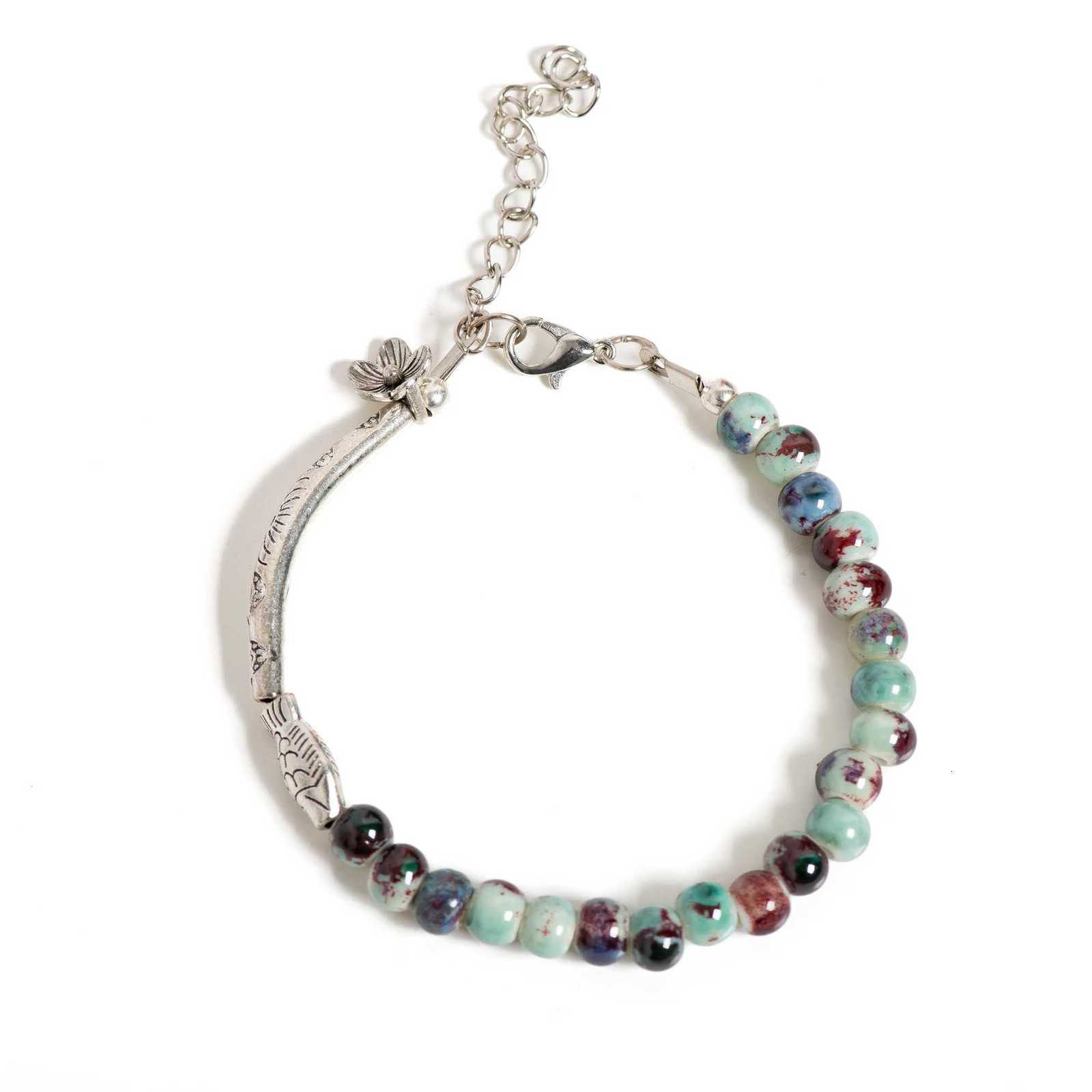 Handmade Floral Fish Ceramic Beaded Bracelet Adjustable Boho Elegant Jewelry with Silver-Plated Accents for Women 001188 Z250807