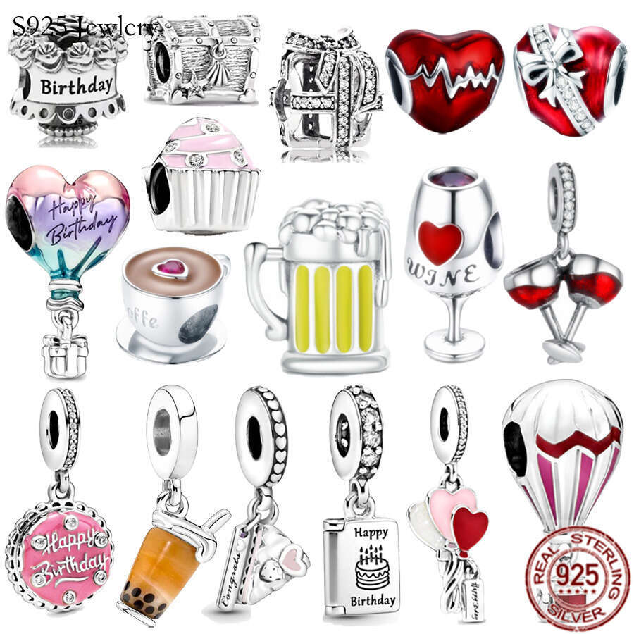 925 Sterling Silver Charm Happy Birthday Birthday Cake Balloon Beer Dangle Charm Bead Fit S925 Snake Bracelet Women Jewelry Gift