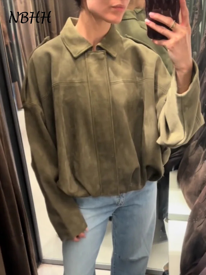 Fashion Womens Suede Short Coat Lapel Long Sleeve Zipper Green Khaki Jacket Female Spring Autumn Urban Lady Outwears 250805