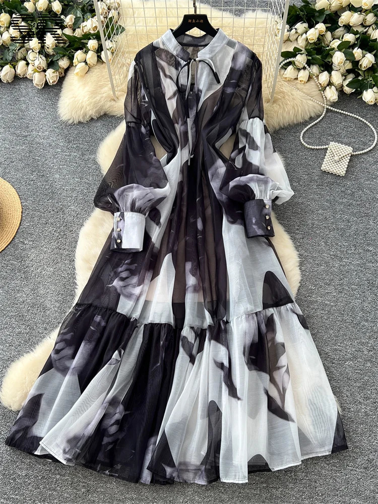 SINGREINY Elegant Print Loose Dress Summer Lantern Sleeves O Neck Sheer Lace Up n 2025 Women French Court Long Sundress 250728