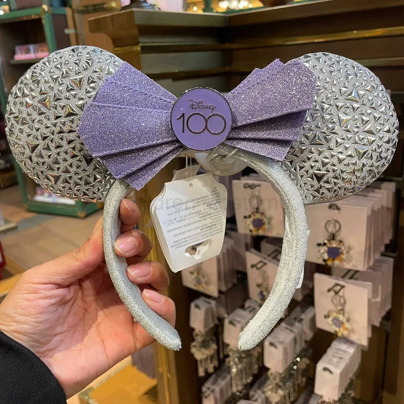 Disney2025 Original Disney Mickey Ears Headband Shanghai Disneyland Minnie Leather Headband Hairband Sequin Bow Party Hair Accessories W250808