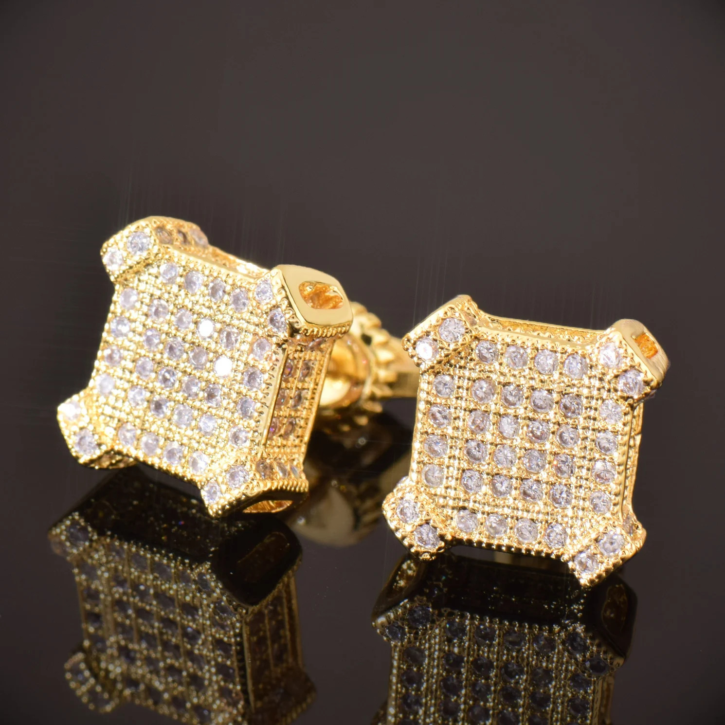 CUC 10MM Square Zircon Earring Gold silver Color Men Women Screw Stud Earrings Hip Hop Jewelry Fashion Gift 250807