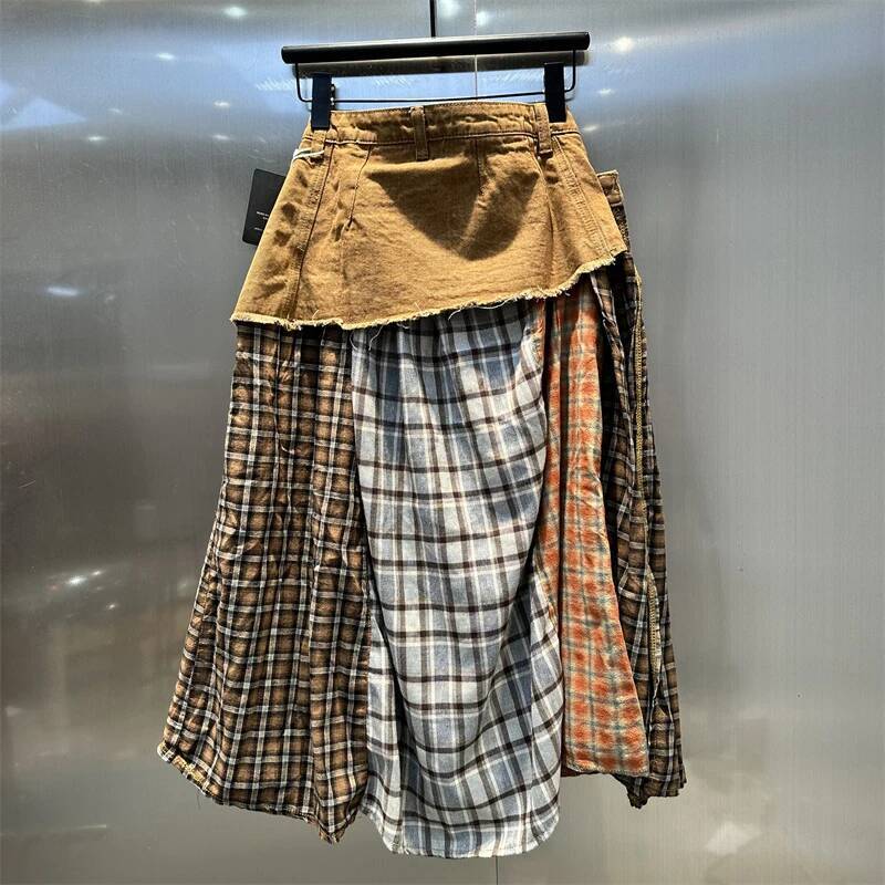2025 Summer New Women's DEAT Women's Fashion Checkered Cowboy Patch Contrast Color fashion Skirt Spring New Casual A-line Skirt Female New D