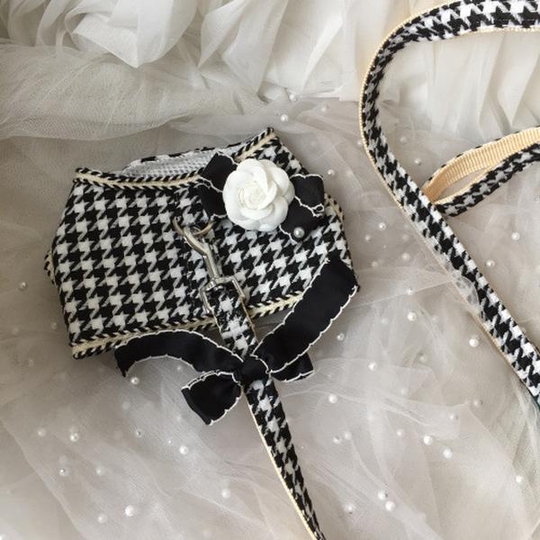 Elegant Houndstooth Dog Harness Leash Set with Bow Tie Stylish and Comfortable Pet Fashion Summer Thin Vest