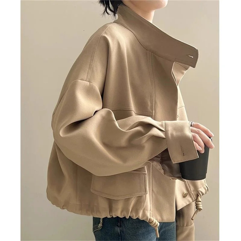 Women Spring Autumn high-end Jacket Casual Windbreaker Standing Collar Short Jacket Hem Drawstring Trench Coat 250728