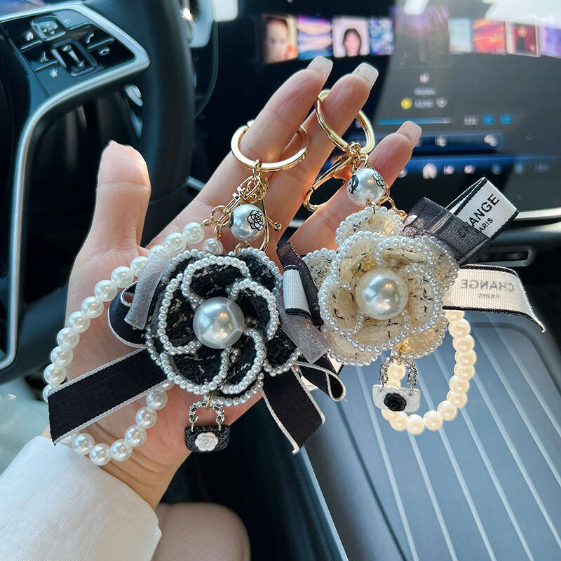 Creative Camellia Bow Bag Pendant Fashion Pearl Chain Korean Style Car Keychain Women's Ring