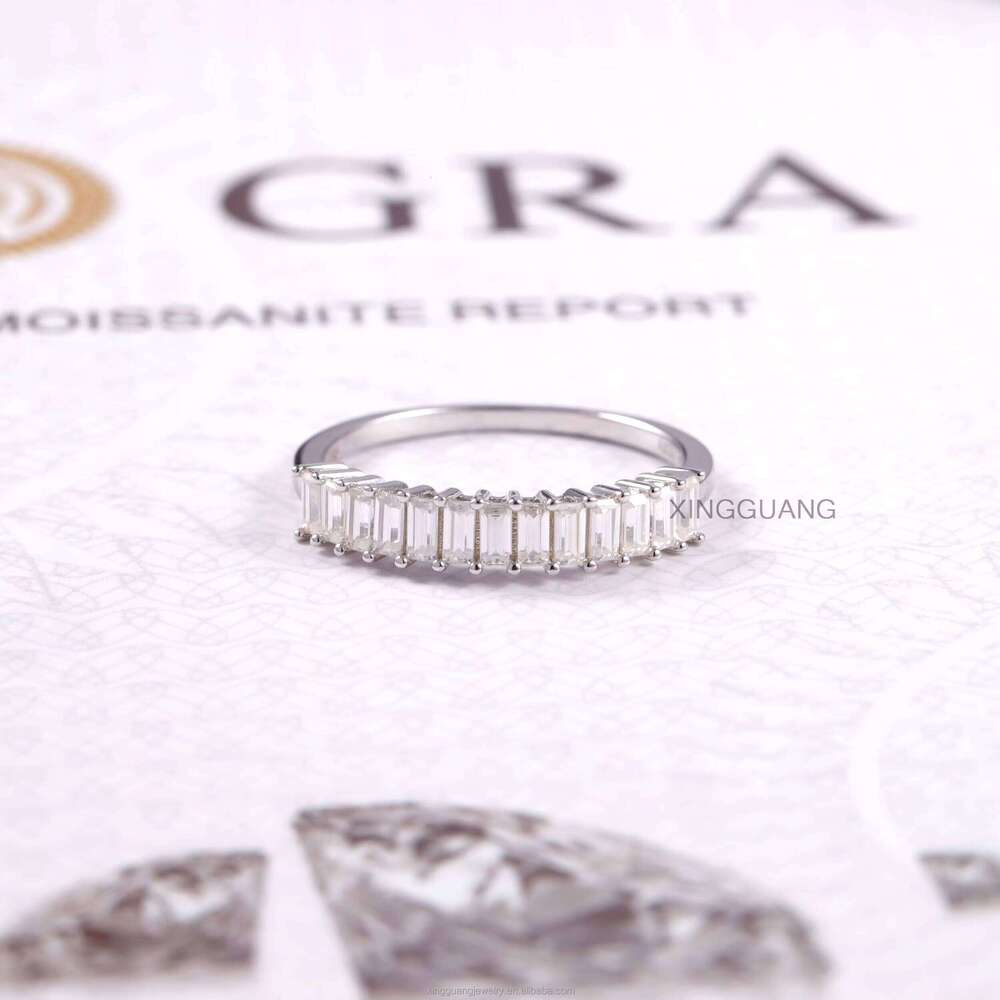Custom Women Emerald Cut Moissanite Half Eternity Band White Solid Gold for Engagement Wedding Ring Jewelry
